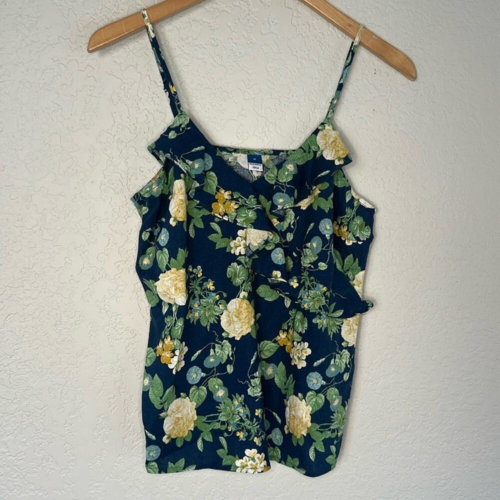 Old Navy Linen Babydoll Camisole Tank Top Floral Blue Summer Greece Italy Y2K